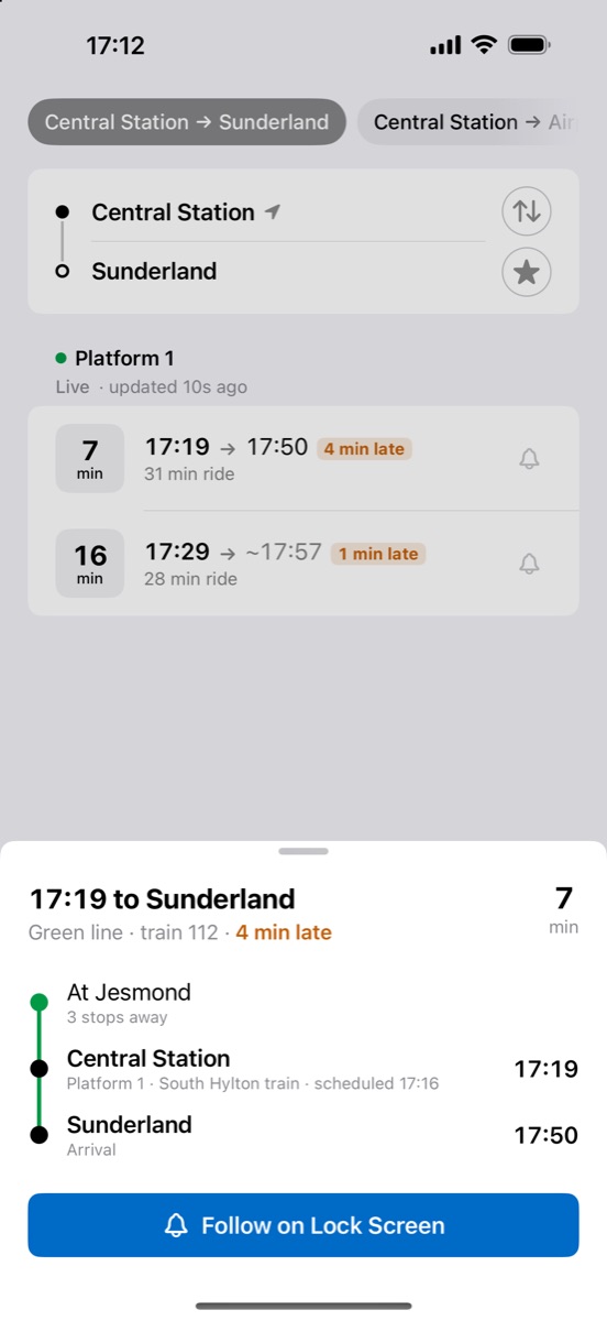 A train's details, showing where it is now