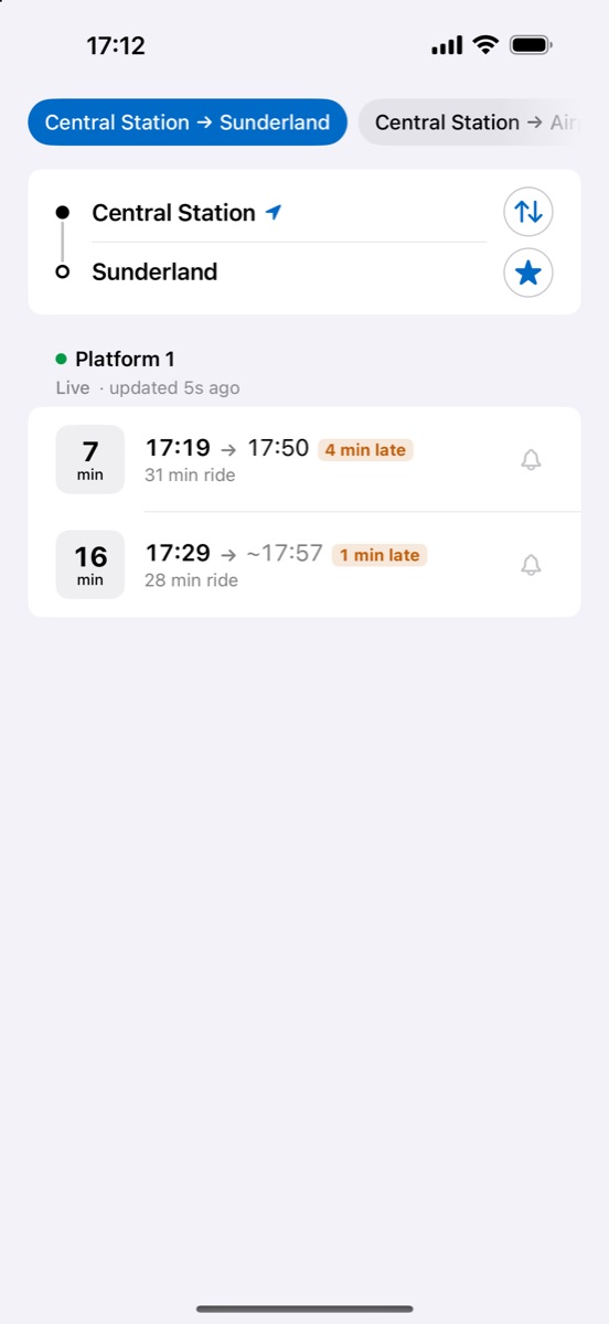 Trains from Central Station to Sunderland with arrival times